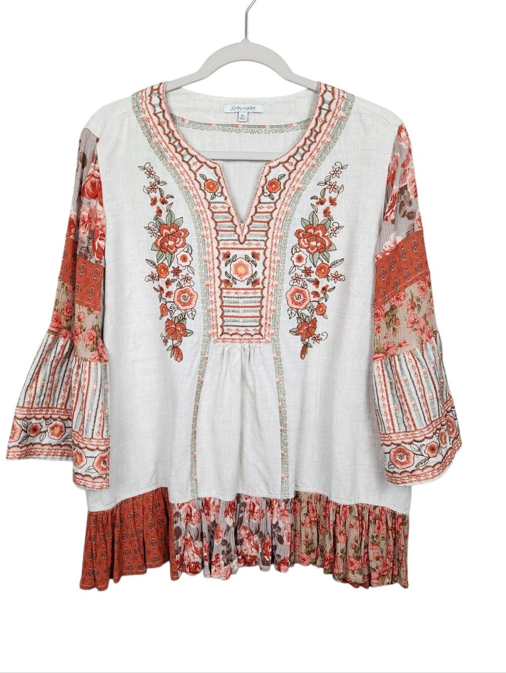 John Mark Linen Boho Floral Embroidered Bell Sleeve Top Blouse Womens Size XL